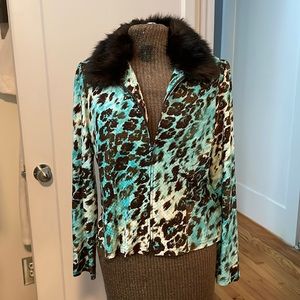 JOSEPH RIBKOFF Sequin Zip Animal Print Jacket
